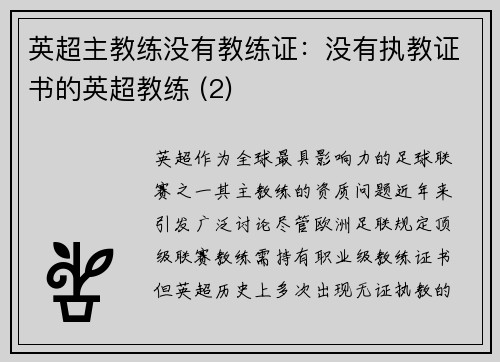 英超主教练没有教练证：没有执教证书的英超教练 (2)